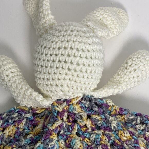 Hand Knit Bunny Lovey Multicolor Skirt Black Button Eyes Pink Nose Mouth - Picture 10 of 12